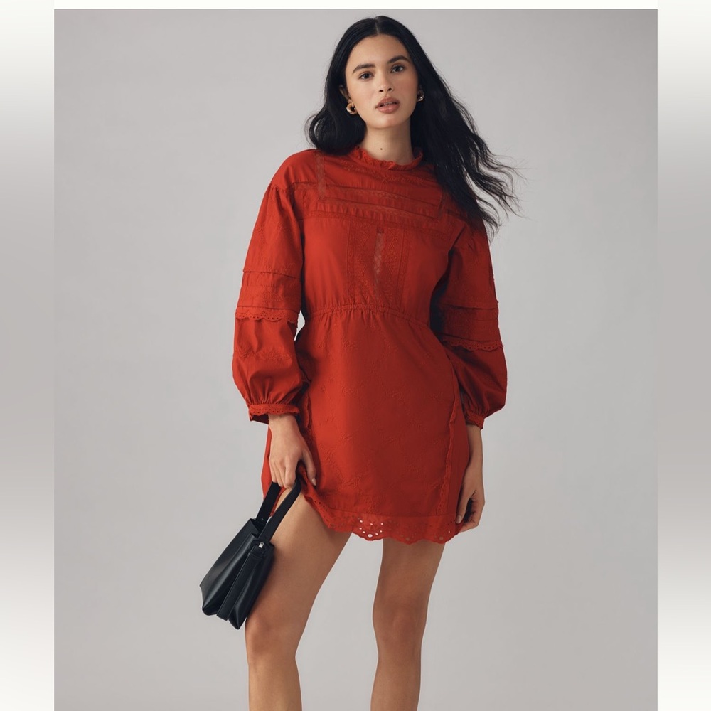 Women’s Long Sleeve Red Lace-Trim Mini Dress